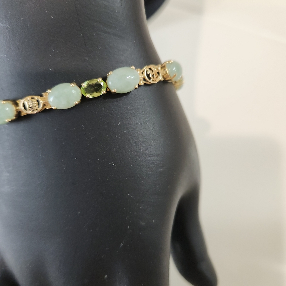 Vintage 14k Yellow Gold Jade & Peridot Chinese Character Tennis Bracelet 7.5 - Picture 3 of 9